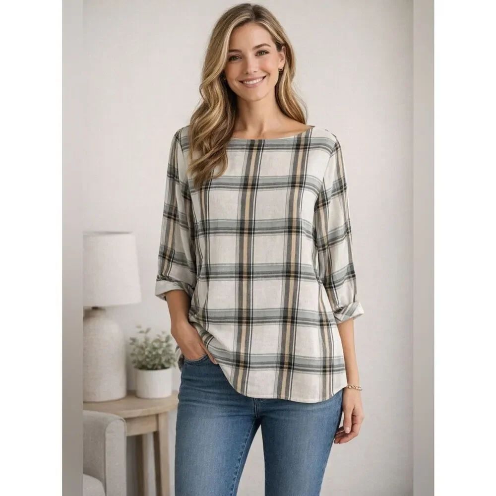 J. Jill Plaid Blouse - Gray, Green and Tan